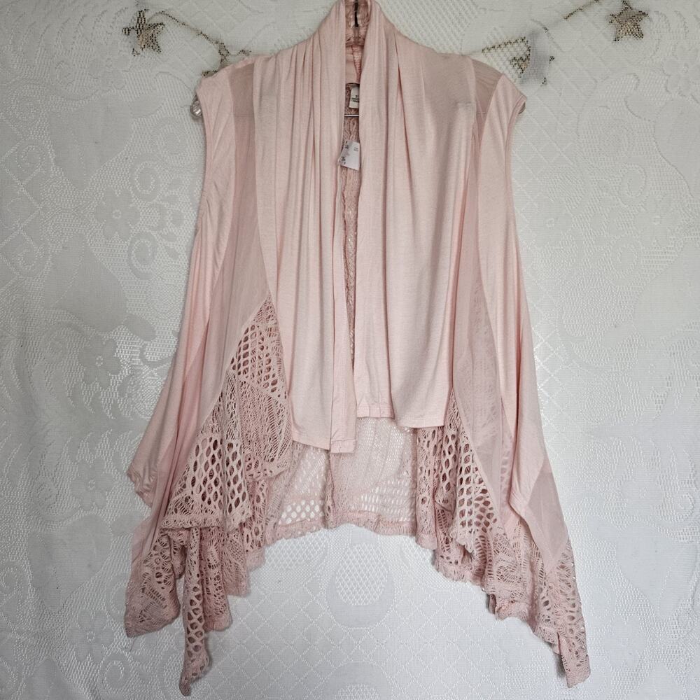 Maria Gabrielle Small Blush Pink Open Waterfall Cardigan Crochet Lace Sheer Boho